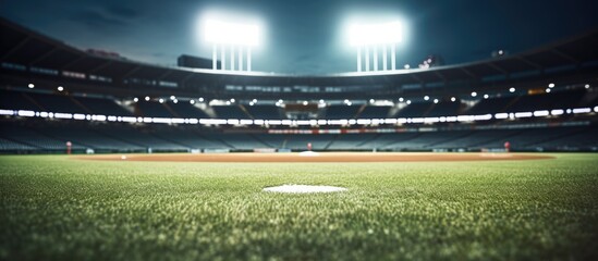 showcases a baseball field at a brightly lit outdoor stadium. The foreground is the main focus, with a shallow depth of field. The background features a blurry view, providing copy space - obrazy, fototapety, plakaty