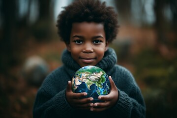 african american boy holding the planet earth in his hands
