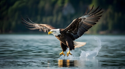 American bald eagle hunting at lake - obrazy, fototapety, plakaty