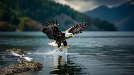 Tuinposter American bald eagle hunting at lake © May Thawtar