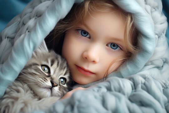 child with her kitten in an environment of peace and love. AI generated
