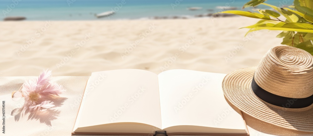 Poster flat lay of a blank writing book with summer beach accessories in the background, offering ample cop