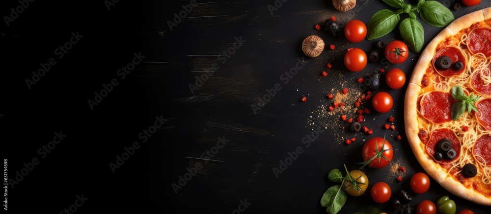Poster italian food arranged on a dark background with pasta and pizza, captured from above with empty spac