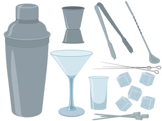 Cocktail making set with shaker, jigger, spoon, cocktail glasses and skewer vector illustration