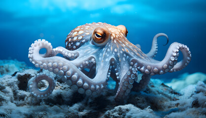 Octopus swimming at Pacific ocean.