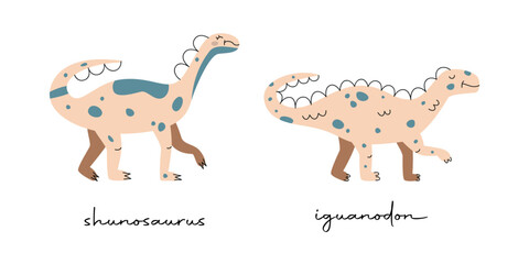 Flat hand drawn vector illustrations of dinosaurs shunosaurus and iguanodon