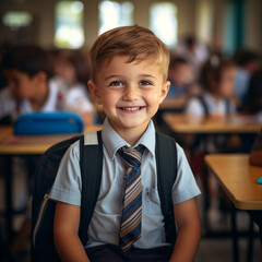portrait of a smiling first grader at school  - obrazy, fototapety, plakaty