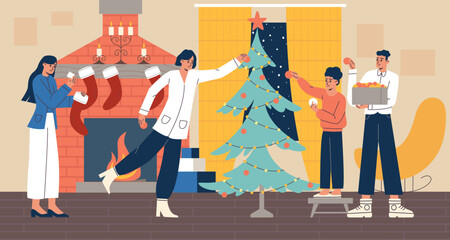 People decorate Christmas tree. Family preparing for New Year celebration. Holiday event waiting. Parents and kids hang balls at fir together. Gift socks at fireplace. Vector concept