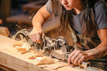 A carpenter girl on a workbench processes a wooden blank.