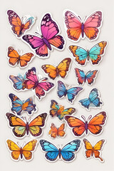 Fototapeta na wymiar stickers sheet, cute butterfly, colorful, groovy, no background, white background, isometric, isolated, variations, illustration