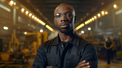 Fototapeta premium Industrial Black People Male Engineer Crossed Arms With Confidence in Hard Hat Wearing Safety Jacket, Through Heavy Industry Manufacturing Factory with Various Metalworking Processes. Generative Ai.