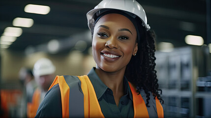 Fototapeta na wymiar A Beautiful Smiling on Camera Black People Female Engineer in Safety Vest and Hardhat. Professional Black People Woman Working in the Modern Manufacturing Factory. Generative Ai