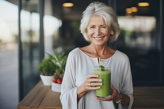 Happy Elderly Woman Drinking A Glass Of Juice