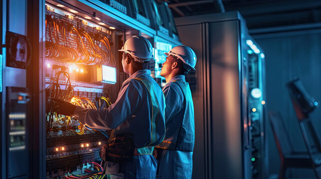 Two maintenance engineers inspect relay protection system with laptop computer. Bay control unit. Medium voltage switchgear. Generative Ai