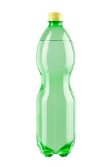 Green bottle of water no label isolated on white background. Pure mineral, drinking water in pet bottle, 1 liter bottle, 1,5 liter bottle.