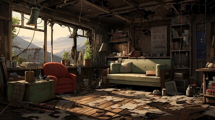Interior of an old abandoned house. AI generated art illustration.