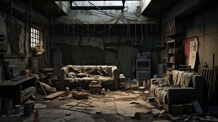 Interior of an old abandoned house. AI generated art illustration. - obrazy, fototapety, plakaty