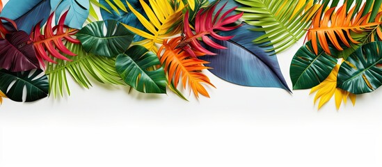 Fototapeta na wymiar A minimal and exotic concept with a copy space is created by arranging colorful tropical leaves on a white background. The layout features a creative border arrangement 