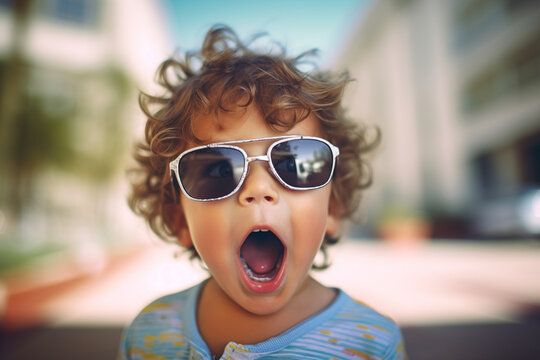 Surprised And Cute Little Toddler Boy, Strutting On The Street, Wears Stylish Sunglasses That Are Slightly Oversized For His Face, Charm And Playfulness To His Already Adorable Demeanor