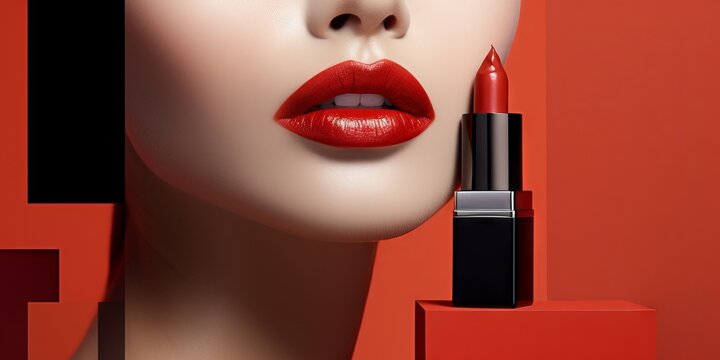 Retrato close-up lipstick rojo para promocionar marca de makeup, mockup lip gloss con espacio para texto, branding labial rojo marca de lujo