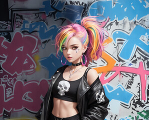 Obraz na płótnie Canvas Portrait of young woman with provocative make-up, piercings and tattoos against graffiti wall. Grange style concept