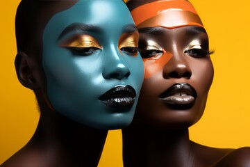 retrato mujeres piel negra con maquillaje estilo editorial, makeup pasarela de moda, sesión de fotos modelos branding makeup nueva marca 