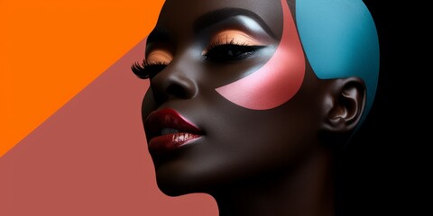 close-up maquillaje editorial mujer piel negra, maquillaje de alto contraste para sesión de fotografía branding makeup aesthetic 