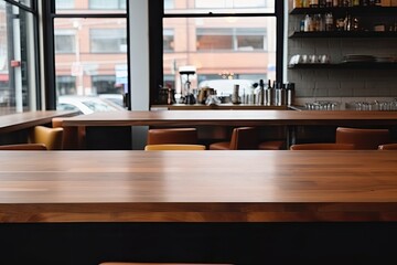 The cafe has an exuberant image with a wooden, empty table. (Generative AI)