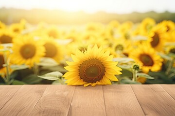 An empty wooden table top is amidst a sunflower field. (Generative AI)