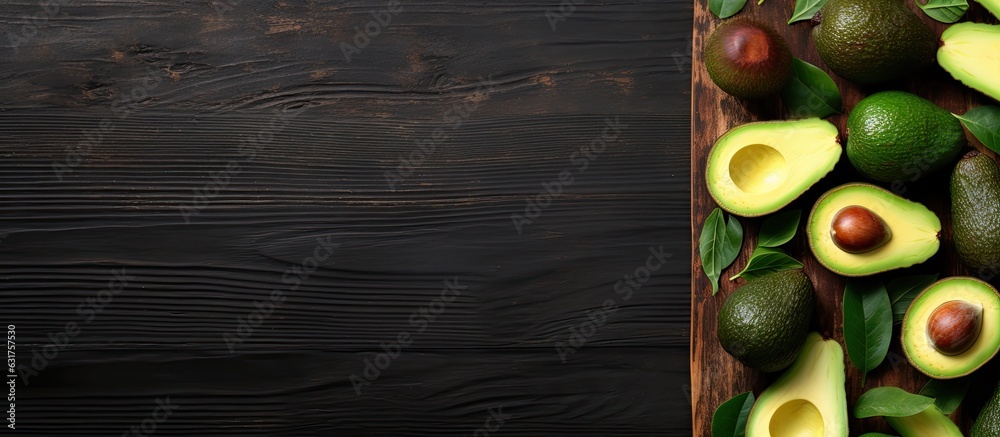 Poster Dark wooden table with a flat lay of whole and sliced avocados. ample space for text.