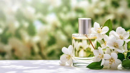 Perfume bottle with jasmine flowers on white table