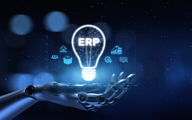 ERP Enterprise resource planning. Robot hand pressing virtual button 3d render.