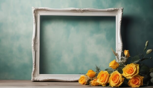 White Ornate Vintage Old Retro Empty Blank Picture Frame Border on Wooden Table Counter with Yellow Roses Bouquet and Blue Green Background Backdrop Mockup Banner Presentation Advertisement Copy Space