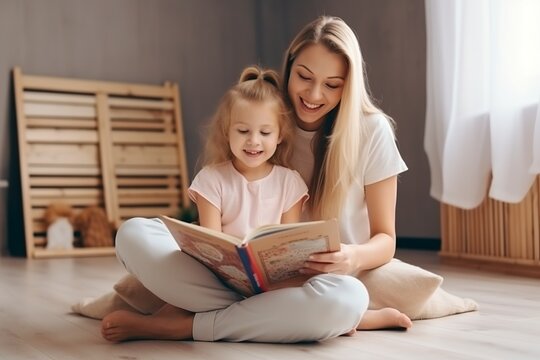 happy family, a young blonde mother reading a book to her daughter