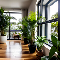 interior with houseplants in pots and palm trees. Home greenhouse. generative AI