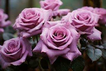 mehrere lila violet Rosen in Bl&uuml;tezeit. Querformat. Generative Ai.