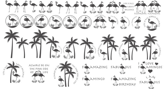 Flamingos mit Palmen in grau