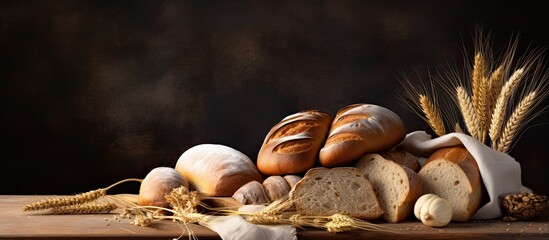 A picture of fresh bread is placed on a stone table with enough space for writing. The composition includes brown and white whole grain loaves, and there are wheat ears scattered around.