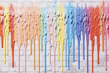 Background of colorful watercolor drips on white wall. generative ai