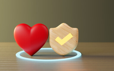 Red heart model with Shield protect icon, Family Protection and Family insurance concept, childrens’ healthcare, 3D render