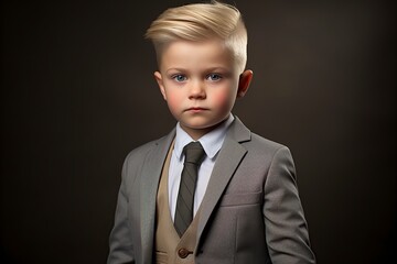 handsome blond boy dressed in a business suit and tie