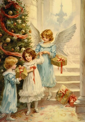 Vintage Christmas angels with Kids, Ephemera, Victorian Christmas cards, Junk journal, Retro Christmas Card, Antique collage,  Christmas Illustrations of 19th century