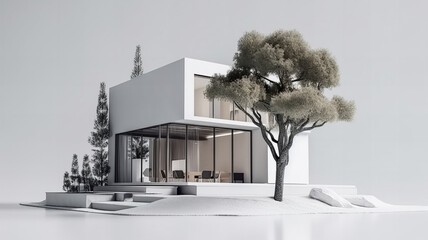 Isolated mockup of a 3D house standing on a white surface. Generative AI technology.