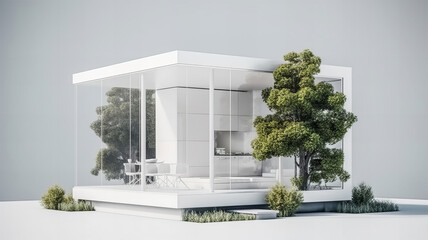 Isolated mockup of a 3D house standing on a white surface. Generative AI technology.