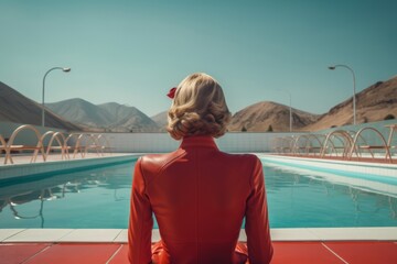 fotografía editorial modelo con vestido rojo de verano, mujer vestida de rojo en la piscina, retrato minimalista mujer rubia aesthetic  - obrazy, fototapety, plakaty