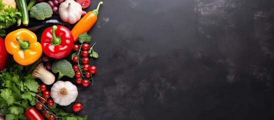 The mixed colorful vegetables are arranged on a dark gray slate stone background, with empty copy space.