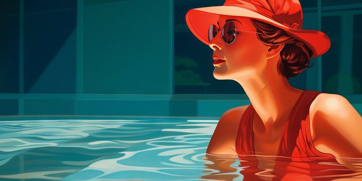 retrato minimalista de mujer nadando en la piscina con un ba&ntilde;ador rojo, mujer en los 70s 60s en una piscina turquesa 