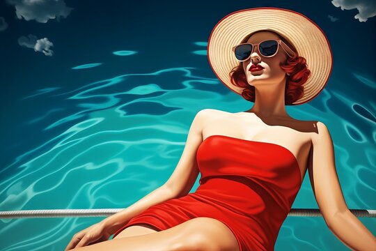retrato minimalista de mujer en ba&ntilde;ador rojo y pamela, disfrutando del verano en los 70s, mujer glamourosa tomando el sol 