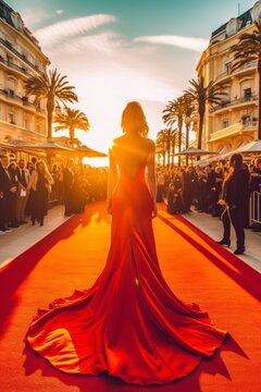 Actriz de espalda en la alfombra roja de los premios del cine, photocall de festival de cine, mujer con vestido rojo en un evento glamouros al atardecer