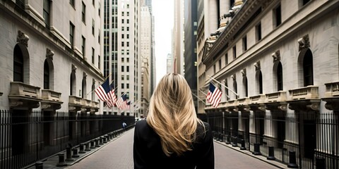 Fototapeta na wymiar Mujer analista financiero paseando por Wall Street, exitosa analista financiera en New York 